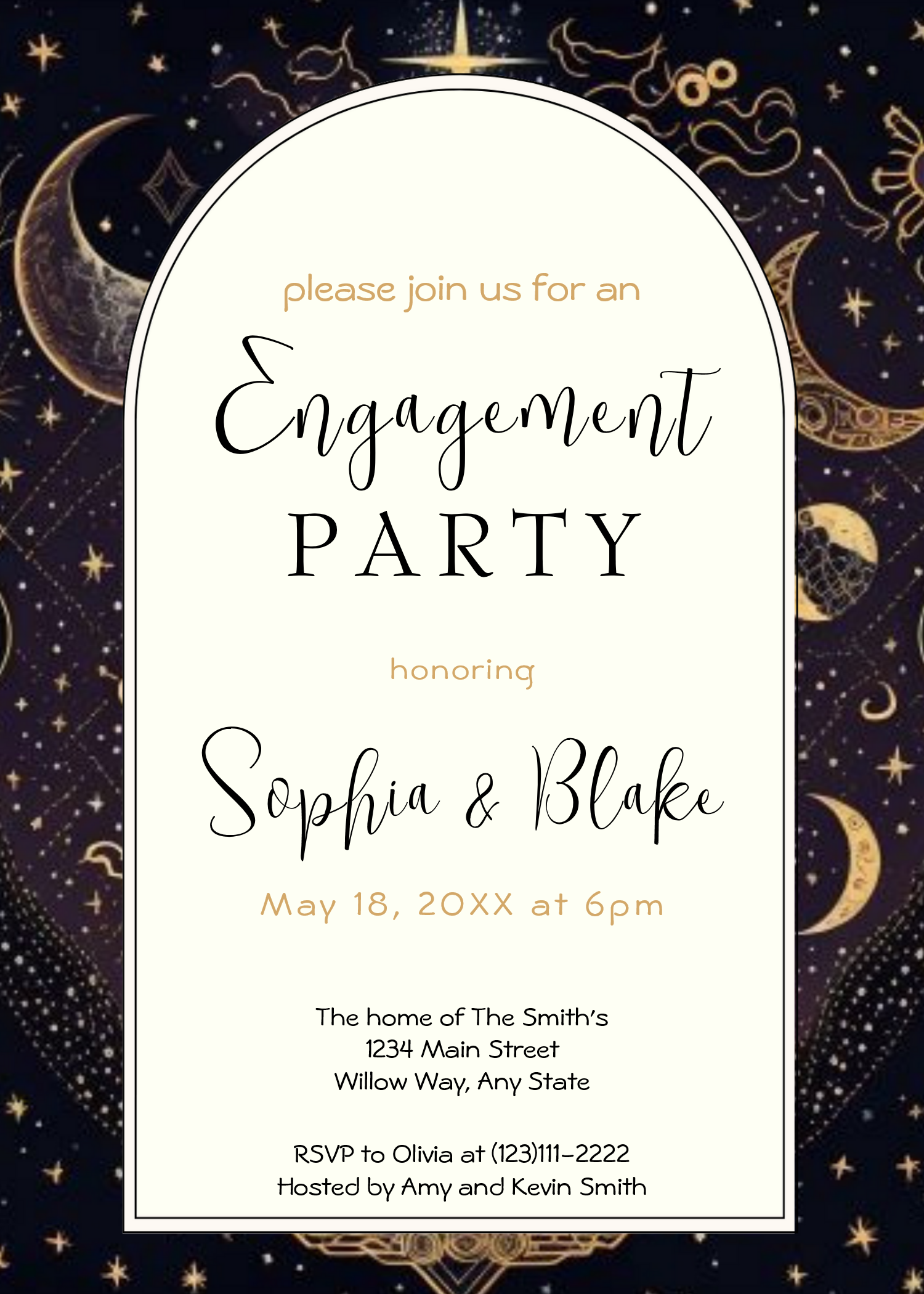 Black and Gold Celestial Moon Engagement Party Invitation