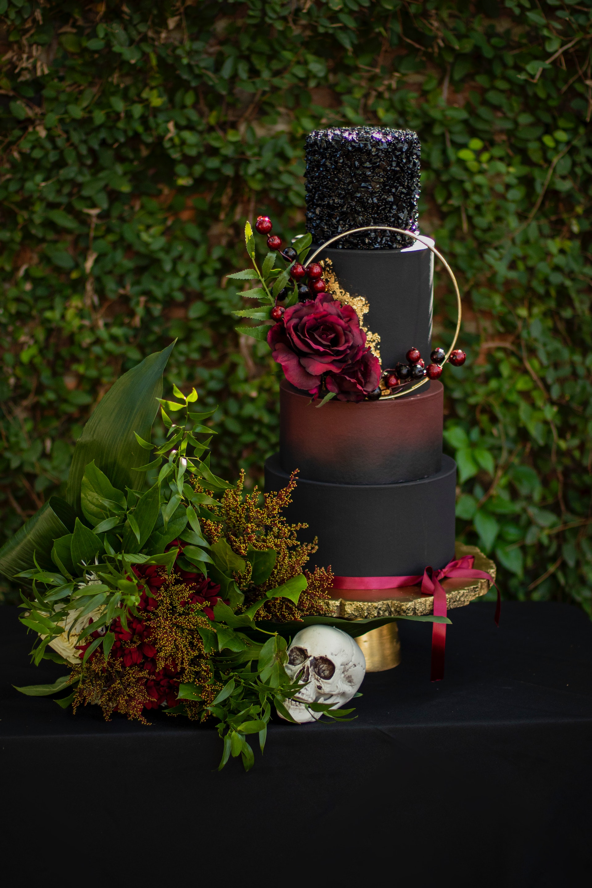 Black and Red Skull Wedding Cake