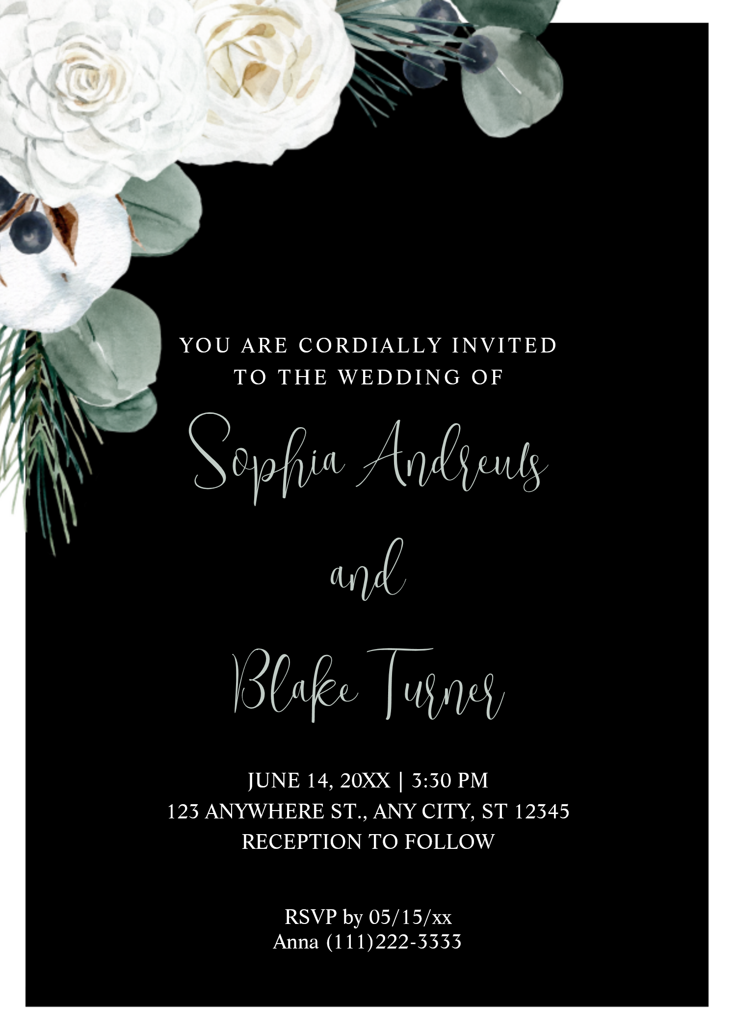 Elegant White Floral and Greenery Black Wedding Invitation