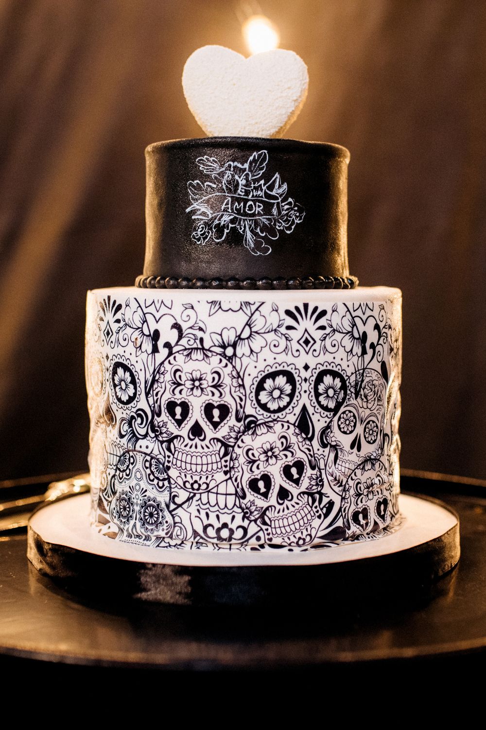 Black and White Skull Halloween Wedding Cake