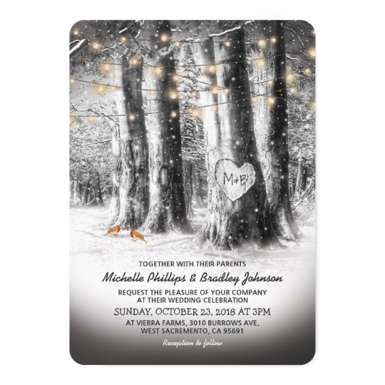 black and white wedding invitations, Rustic Winter Tree & String Lights Wedding Invitation, winter black and white wedding stationery