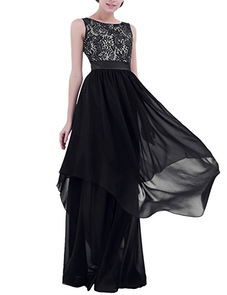 Elegant Sleeveless V-Back Black Lace Bridesmaid Maxi Long Dress