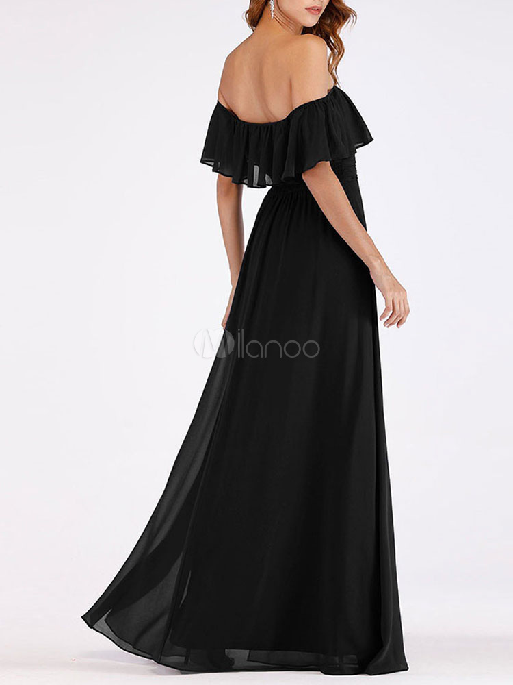 Chiffon A Line Off The Shoulder Floor Length High Split Black Bridesmaid Dress