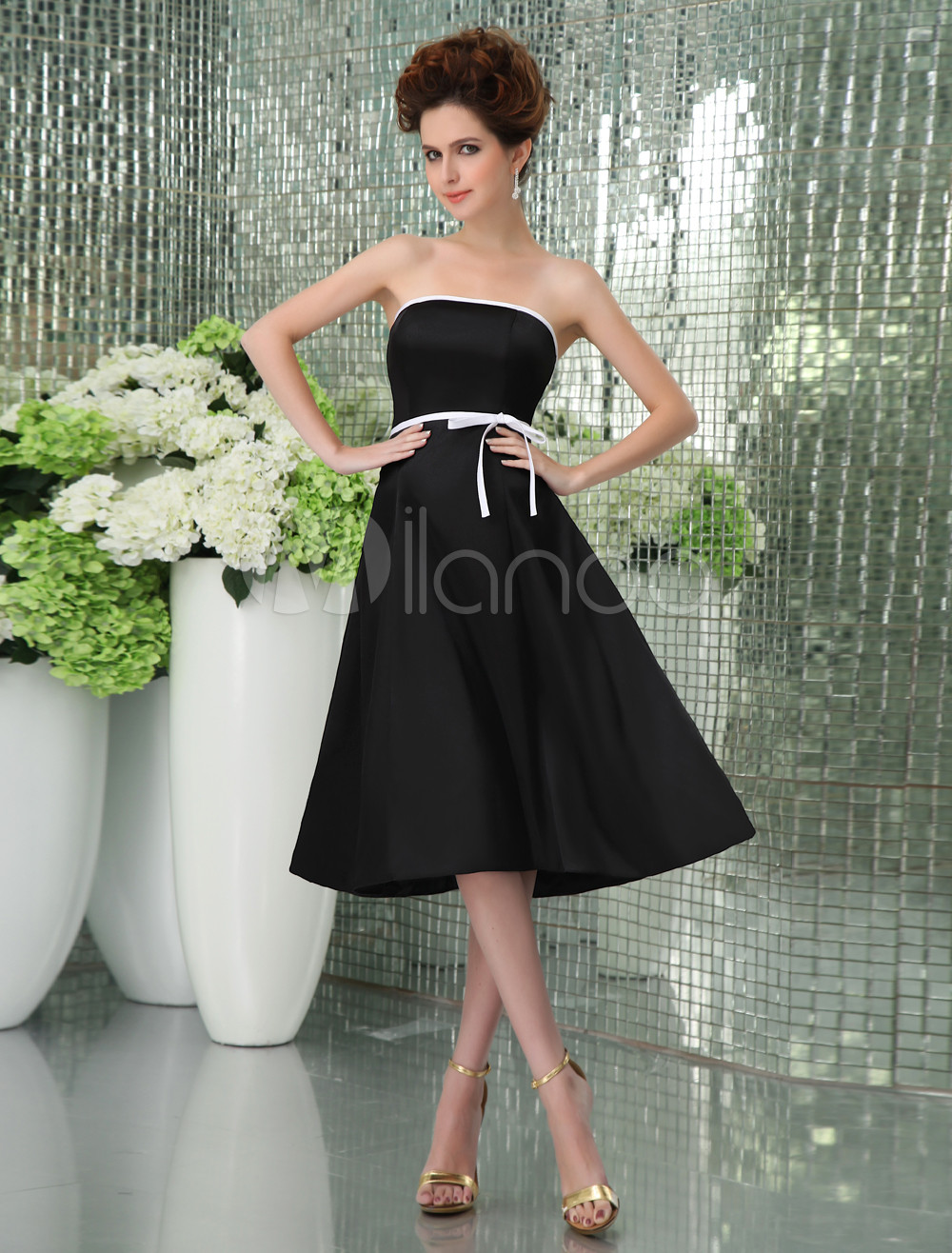 Formal Strapless Empire Waist Sash Satin Black Bridesmaid Dress