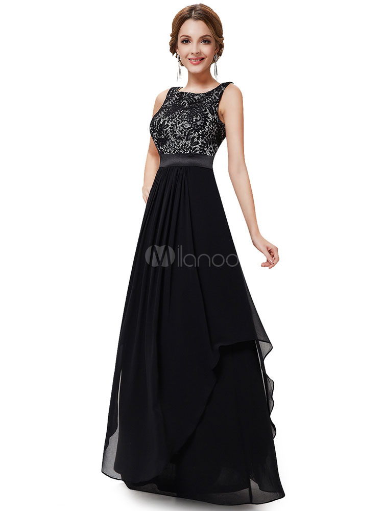 Black Chiffon Bridesmaid Dress Lace Crewneck Sash A Line Floor Length