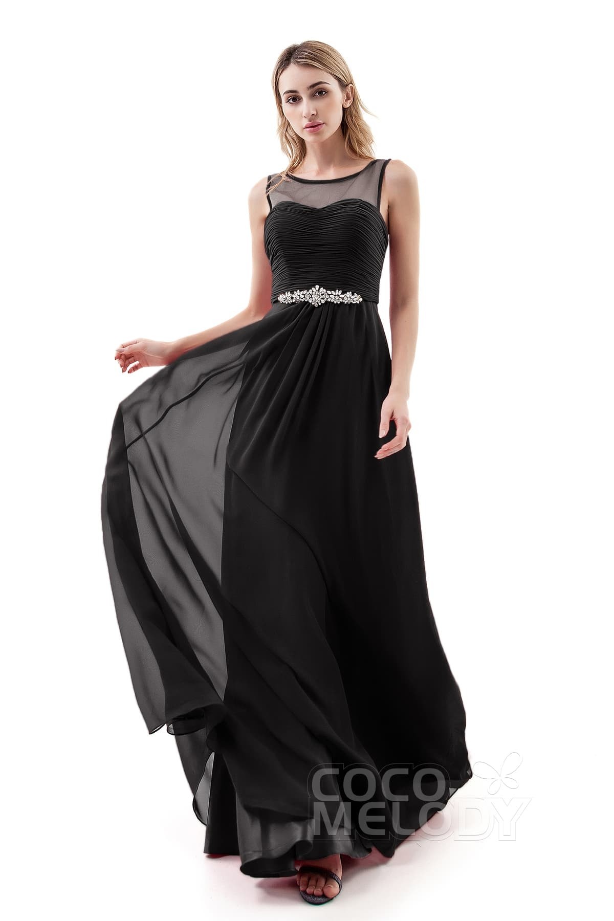 Black A-Line Sweep-Brush Train Chiffon Dress With Beaded Waist