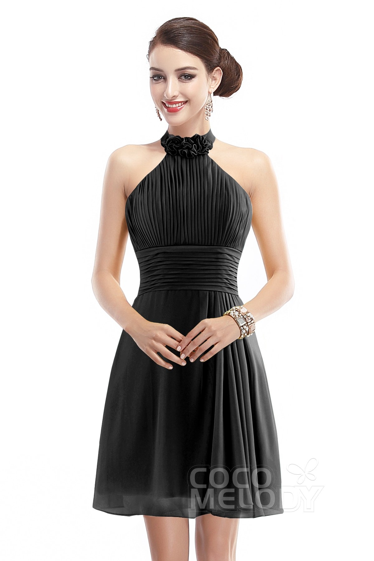 Black A-Line Short-Mini Chiffon Bridesmaid Dress