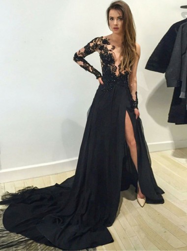 A-Line V-Neck Long Sleeves Split-Side Black Chiffon Prom Dress with Appliques
