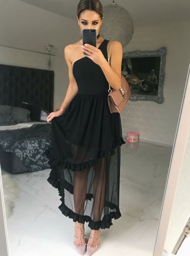A-Line One Shoulder Black Chiffon Bridesmaid Dress with Ruffles