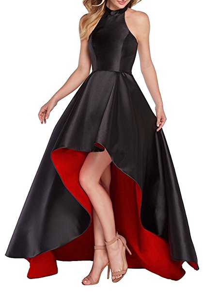 Black Halter High Low Evening Party Dress Satin Prom Dresses Sleeveless