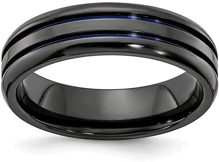 Solid Black Titanium Men's Beveled and Grooved Blue Anodized 6mm Wedding Ring, black titanium wedding bands, black titanium wedding rings, black wedding rings, black wedding bands