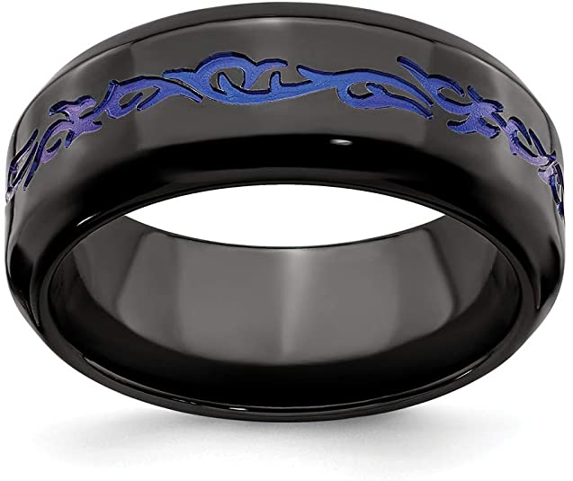 black titanium wedding rings, black titanium wedding bands, Black and Blue Patterned Titanium Wedding Ring, black wedding bands, black wedding rings