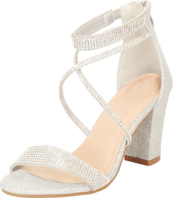 Open Toe Crisscross Strappy Crystal Rhinestone Chunky Block Heel Sandal