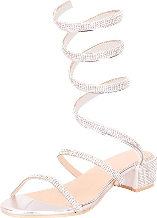 Coil Spiral Wraparound Ankle Crystal Rhinestone Chunky Block Heel Sandal