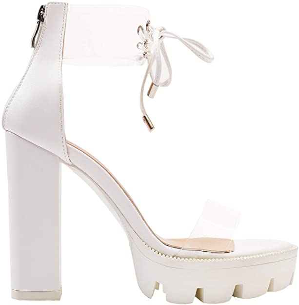 Clear Ankle Strap Platform Sandals - Transparent Lace Up Chunky High Heels