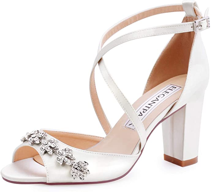 Peep Toe Block High Heel Sandals Strappy Rhinestones Satin Bridal Wedding Shoes