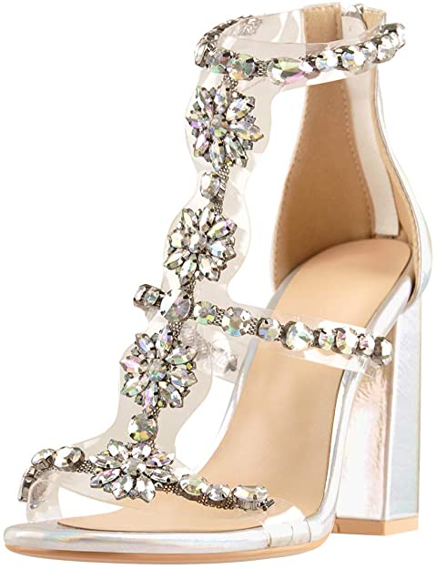 Clear Strappy Rhinestones Gladiator Heels T-Strap Chunky Sandals