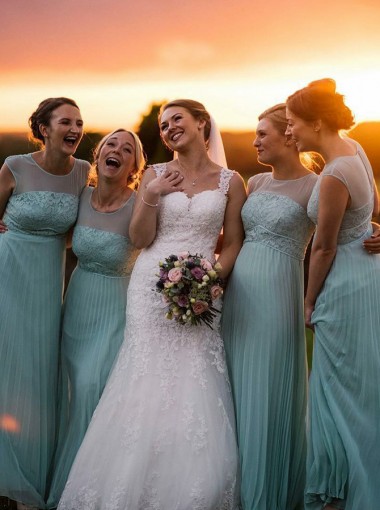 A-Line Round Neck Sage Chiffon Bridesmaid Dress with Lace