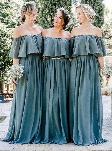 A-Line Off-the-Shoulder Blue Chiffon Bridesmaid Dress with Ruffles