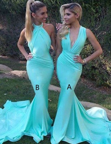 Mermaid Deep V-Neck Sweep Train Mint Bridesmaid Dress with Ruched