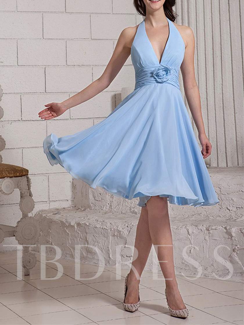 V-Neck Halter Flower Short Bridesmaid Dress