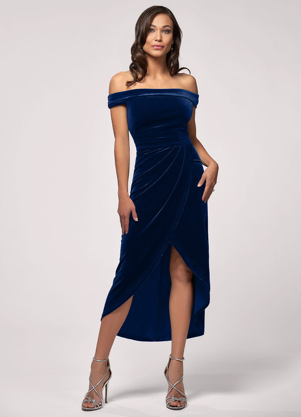 SWEET DESIRE NAVY BLUE VELVET MIDI BRIDESMAID DRESS