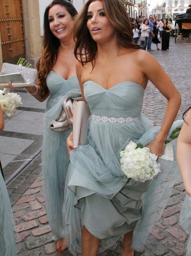 Strapless Long Tulle Bridesmaid Dress with Beads Sash