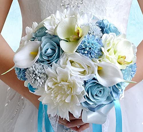 Blue Wedding Bouquets With Lilies, Roses and Dahlias
