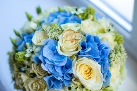 blue, green and white bridal bouquet