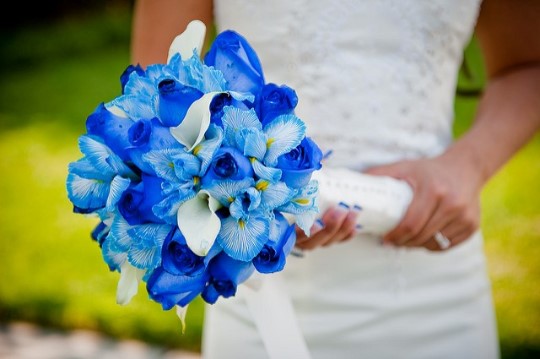 Bride holding blue and white wedding bouquet
