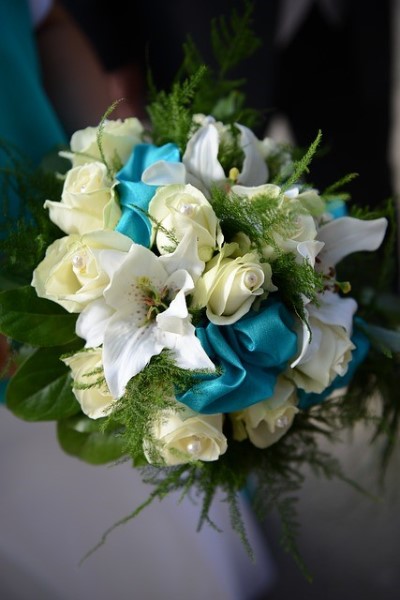 blue, white and green wedding bouquet