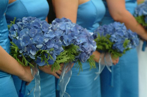 Bridesmaids in Blue Gowns holding Blue Wedding Bouquets