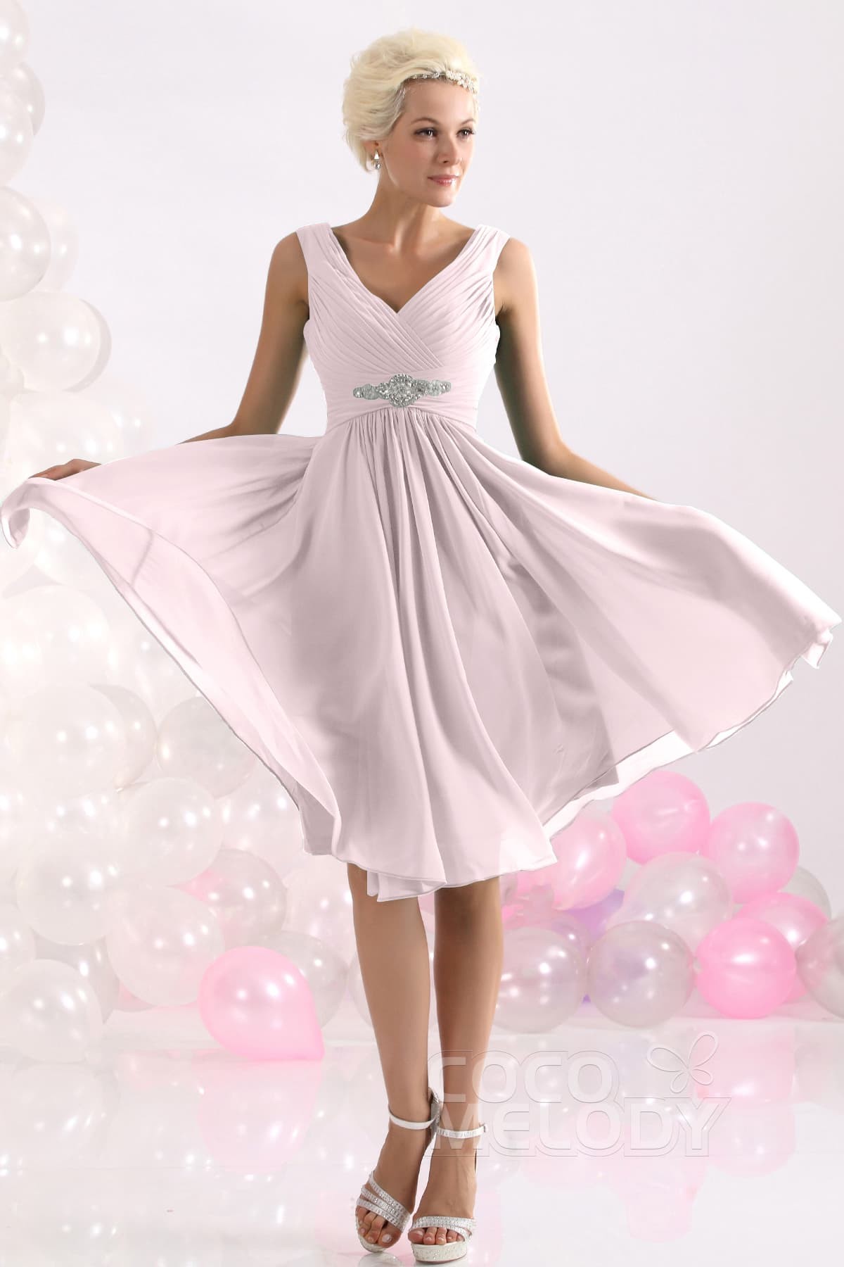 Blush Pink A-Line Knee-Length Chiffon Bridesmaids Gown