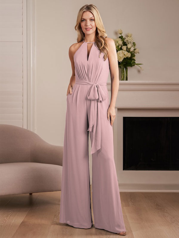 Blush Pink Chiffon A-Line Bridesmaid Pantsuit with Sash