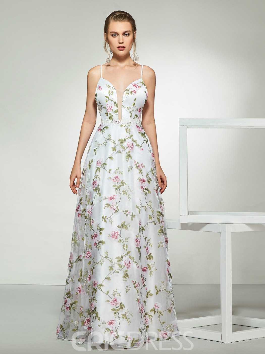 Spaghetti Straps Appliques Floral Print Wedding Dress