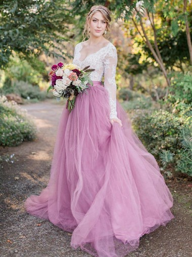 A-Line V-Neck Long Sleeves Pink Tulle Wedding Dress with Lace Appliques