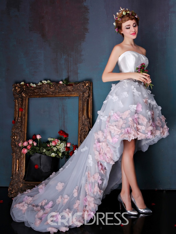 Strapless Flowers Asymmetry Beach Boho Wedding Dress