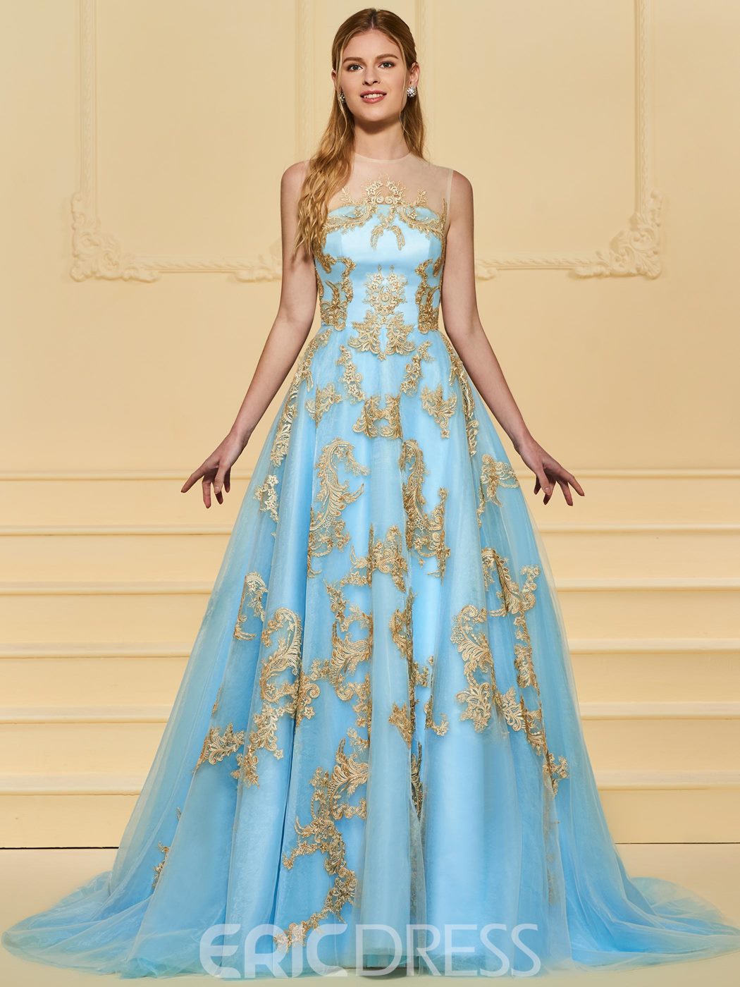 A Line Button Appliques Baby blue and gold Wedding Dress