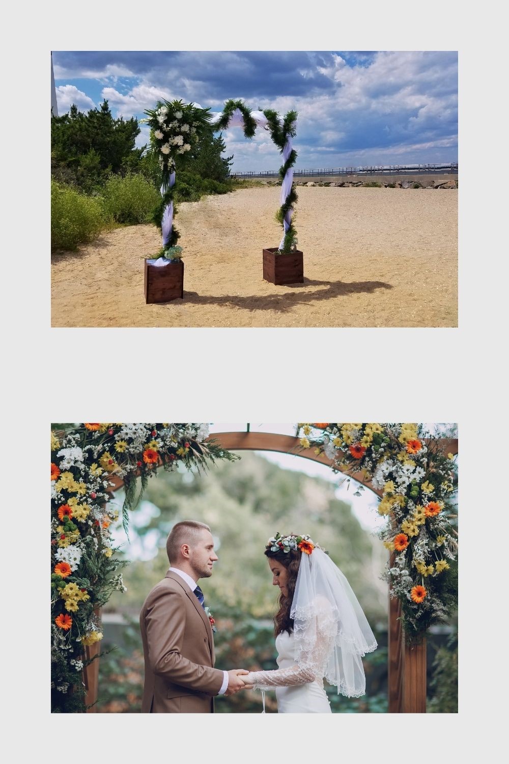 2 wedding arches - a white and green beach wedding arch and a multi-colored floral arch with a bride and groom exchanging vows