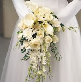 Bride Holding White Cascading Wedding Bouquet