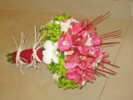 Beautiful pink, green and white wedding bouquet