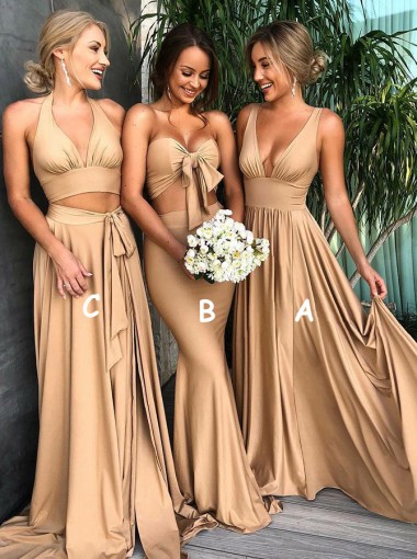 champagne bridesmaid dresses, champagne bridesmaid gowns, A-Line V-Neck Sweep Train Champagne Satin Bridesmaid Dress