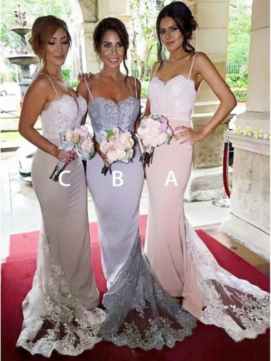 pink bridesmaid dresses, pink bridesmaid gowns, Gorgeous Spaghetti Pink Mermaid Long Bridesmaid Dress with Lace Sequins