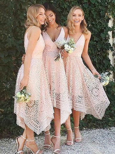 pink bridesmaid dresses, pink bridesmaid gowns, A-Line V-Neck Asymmetrical Pearl Pink Lace Bridesmaid Dress