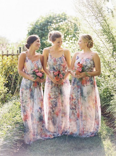 floral bridesmaid dresses, floral bridesmaid gowns, Chic Spaghetti Straps A-Line with Flowey Bridesmaid Dress