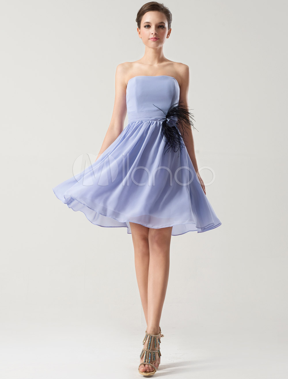 Lavender Chiffon Short Bridesmaid Dress wirh Feathers
