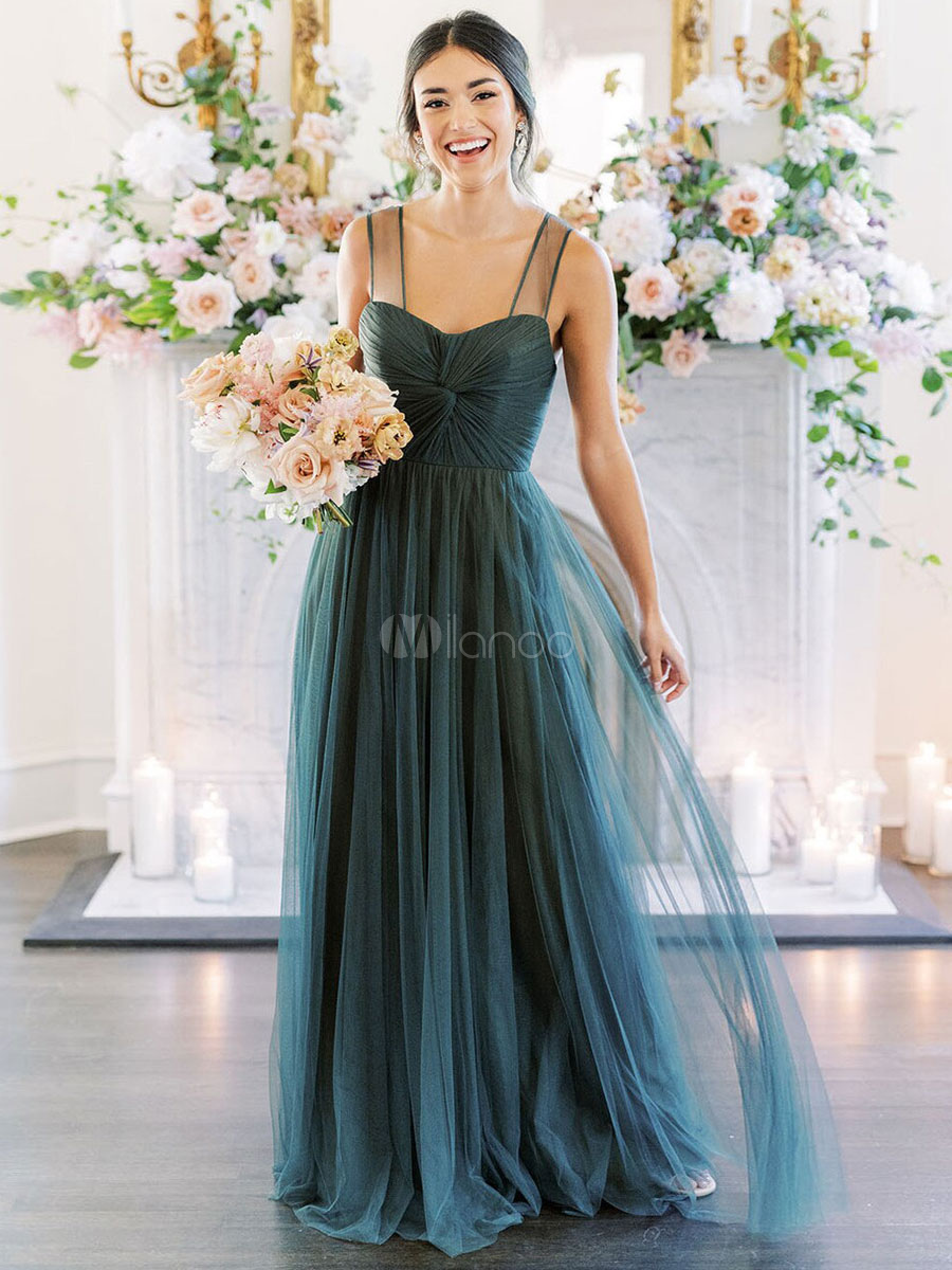 Gorgeous A-Line Sweetheart Neck Sleeveless Floor-Length Single Thread Tulle Green Bridesmaid Dress