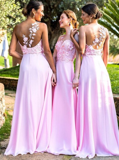 A-Line Illusion Round Neck Pink Chiffon Bridesmaid Dress with Appliques