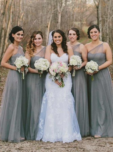 A-Line One-Shoulder Side Zipper Grey Tulle Bridesmaid Dress