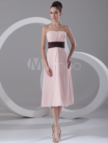 Peach Prom Dress Chiffon Strapless Cocktail Dress Ruched Wide Waist Bridesmaid Dress